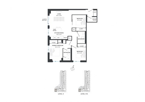 Floor plan for 3 beds, 2 baths, 947 sqft